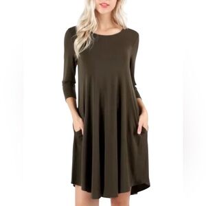 Zenana Outfitters trapezes dress size 1X brown 3/4 Sleeve Side Pockets NWT